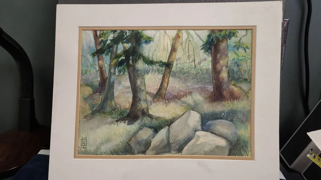 Original Watercolor Painting by Joan Fistick Depicting a Forest Landscape with Rocks, Ready for Fram