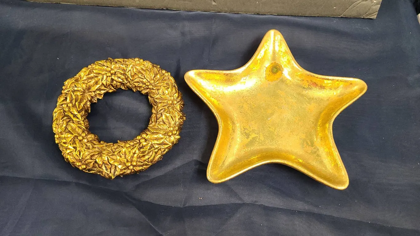 Gold Tone Decorative Wreath with Holly Motif and Gold Star-Shaped Bowl, Both with Textured Finishes