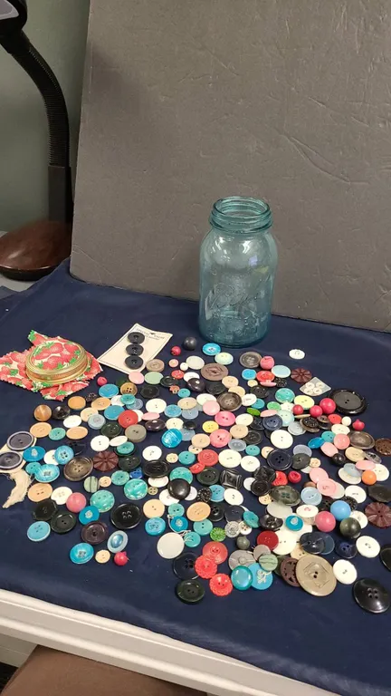 Blue Ball Mason Jar With Strawberry Print Lid and Assorted Loose and Carded Plastic Sewing Buttons C
