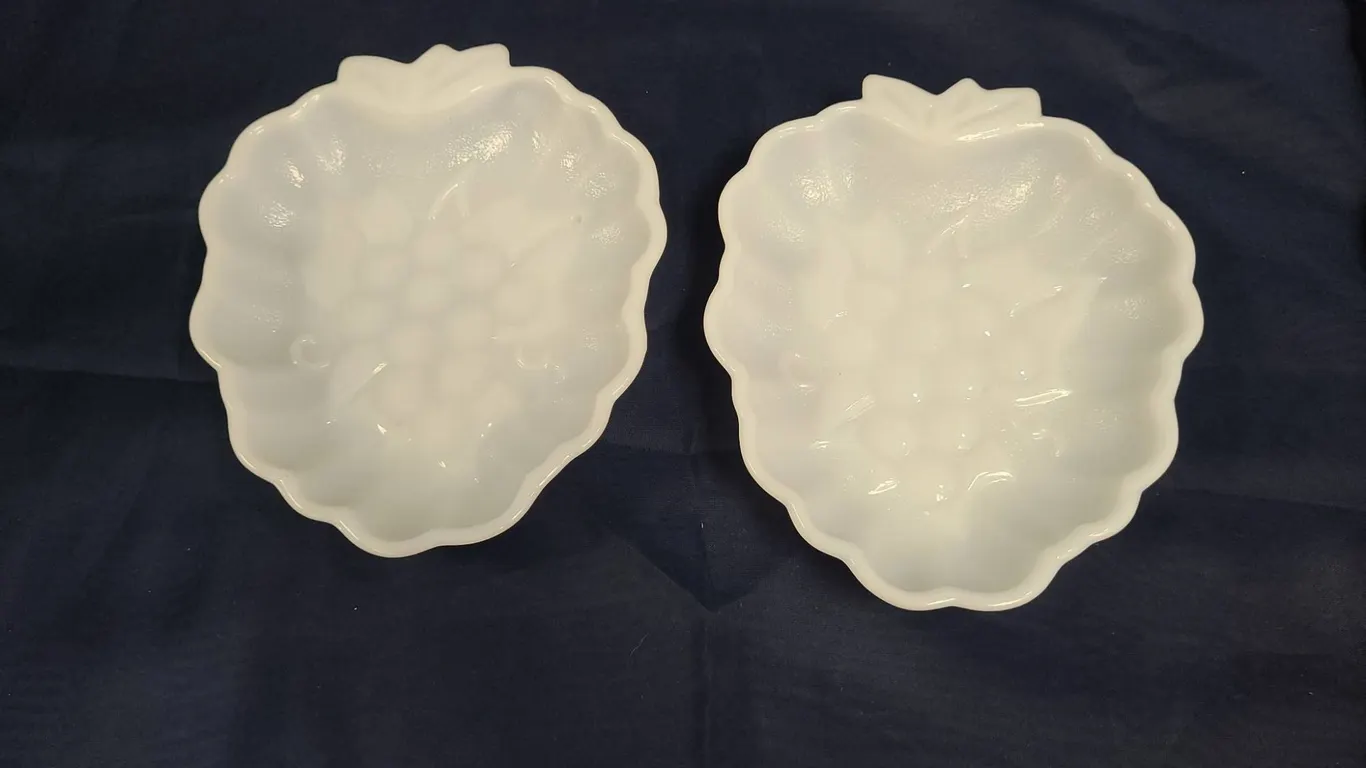 White Milk Glass Grape Leaf-Shaped Bowls with Embossed Fruit Motif, See Photos for Measurements