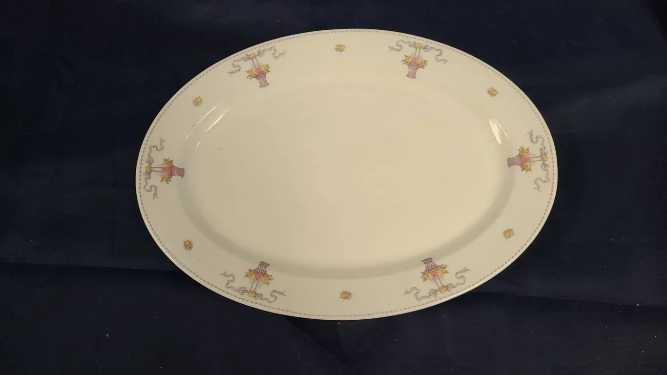O.P. Co. Syracuse China Oval Platter with Floral Basket and Ribbon Motif, Early 20th Century Tablewa