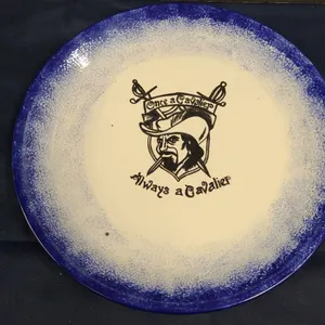 Decorative Blue and White Plate Featuring 'Once a Cavalier, Always a Cavalier' Slogan and Cavalier I