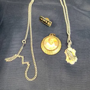 Jewelry Lot with Gold-Tone Baby Photo Locket, Woerner Praying Hands Pendant, and Pin with Asian Scri