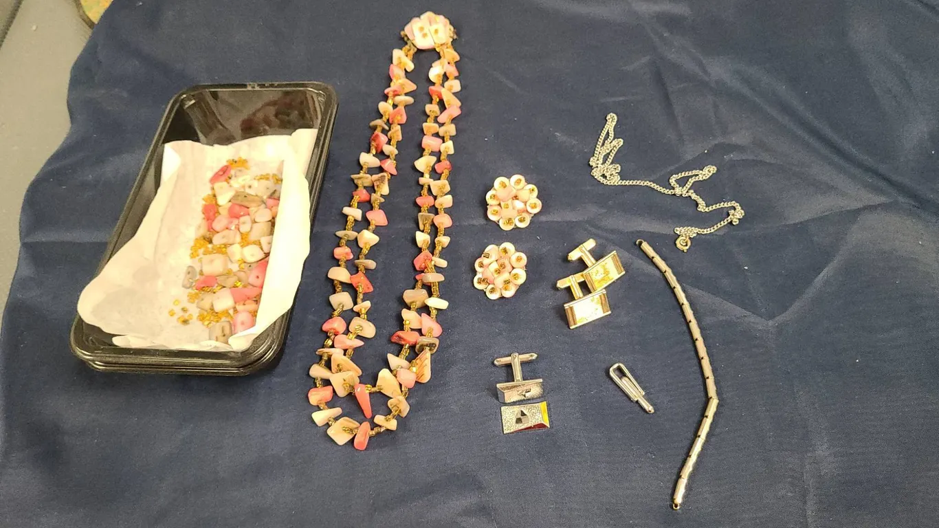 Costume Jewelry Featuring Shell Bead Necklace, Clip-On Earrings, Various Cufflinks, Silver-Tone Chai