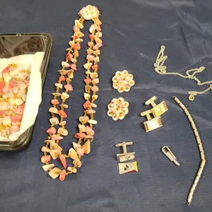 Costume Jewelry Featuring Shell Bead Necklace, Clip-On Earrings, Various Cufflinks, Silver-Tone Chai