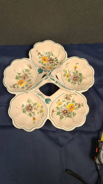 Hand-Painted Italian Ceramic Divided Serving Tray with Floral Motif and Central Handle, Marked Italy
