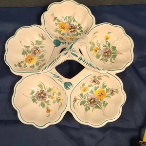 Hand-Painted Italian Ceramic Divided Serving Tray with Floral Motif and Central Handle, Marked Italy