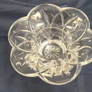Pressed Glass Bowl with Eight-Petal Flower Form and Starburst Base Pattern, Clear Decorative Dish De