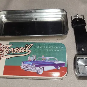 Fossil JR-8169 Stainless Steel Watch With Original Tin Case, 1995 Packaging, Black Leather Band, Dat