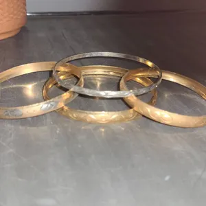 Four Mixed Metal Engraved Bangle Bracelets Featuring Gold and Silver Tone Designs, See Photos for Me