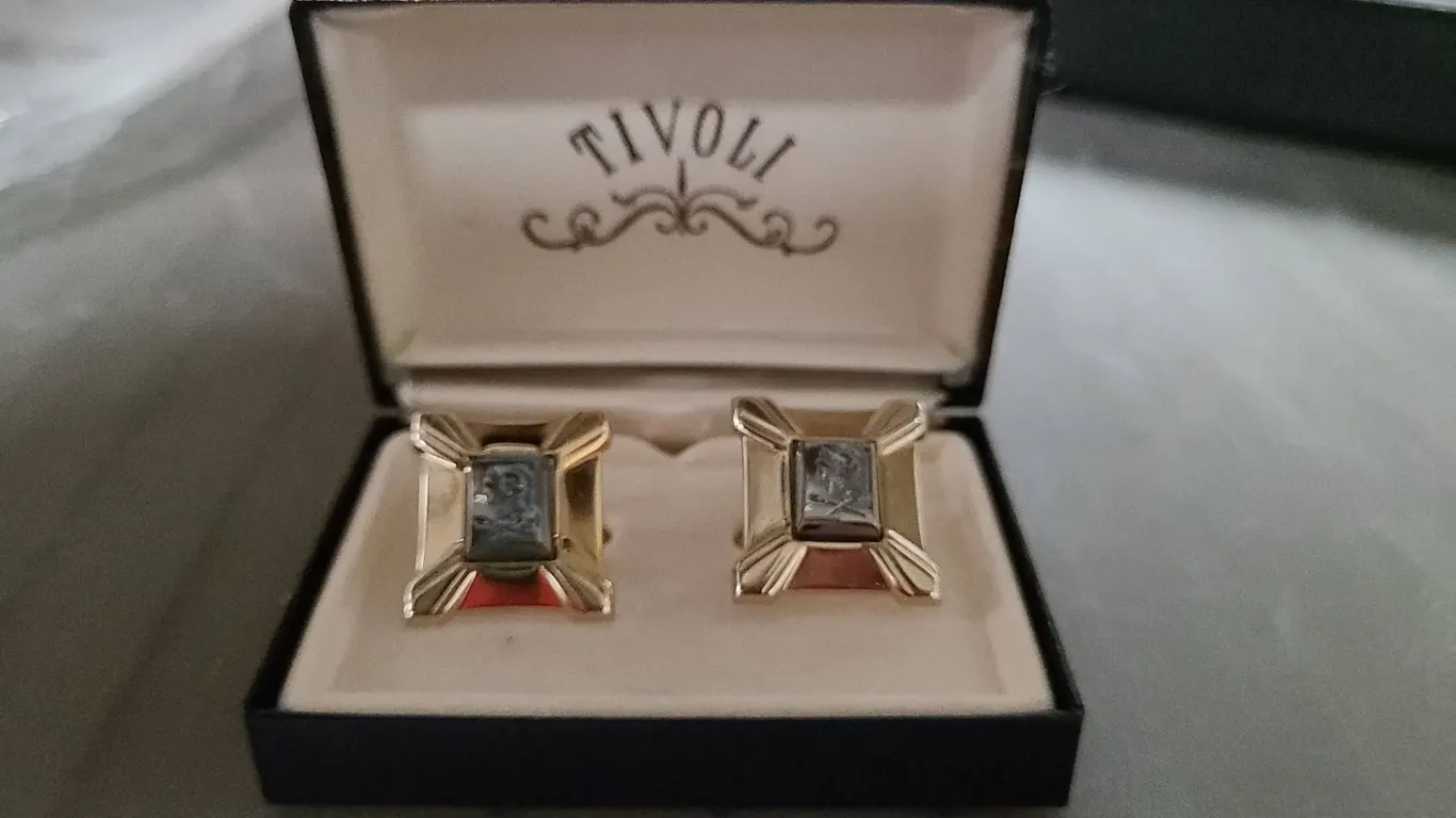 TIVOLI Gold-Tone Square Cufflinks with Classical Profile Relief in Original Box, See Photos for Meas