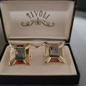 TIVOLI Gold-Tone Square Cufflinks with Classical Profile Relief in Original Box, See Photos for Meas