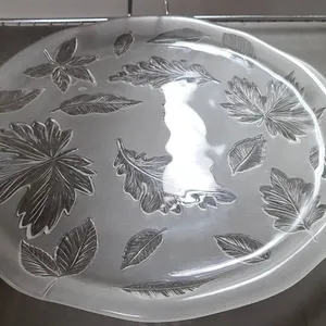 Clear Pressed Glass Plate with Embossed Leaf Pattern and Gently Scalloped Rim, Transparent Finish, C