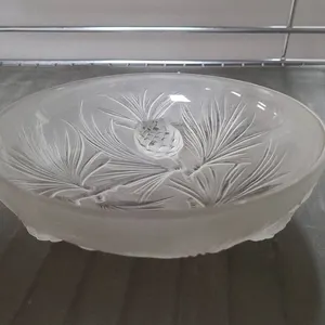 Frosted Glass Bowl with Pinecone and Pine Needle Motif Relief, Raised Footed Base, Decorative Collec