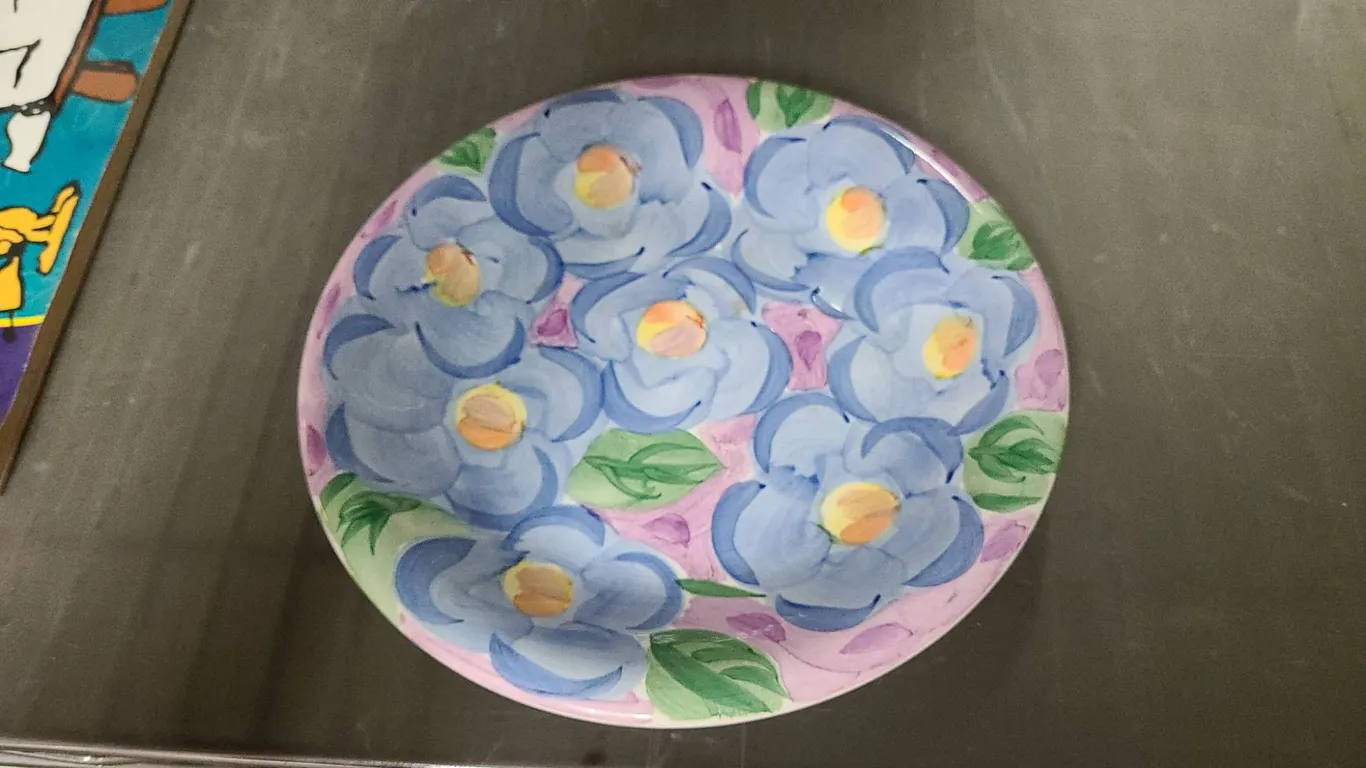 Salute Ceramics Hand-Painted Floral Plate, Blue Flowers and Green Leaves on Lavender Background, Mad
