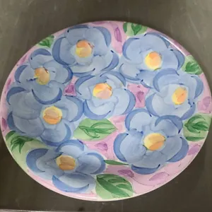 Salute Ceramics Hand-Painted Floral Plate, Blue Flowers and Green Leaves on Lavender Background, Mad