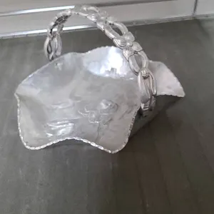 Hand-Hammered Silver Basket with Floral-Inspired Handle and Stamped Maker's Mark, Ornamental Motif D