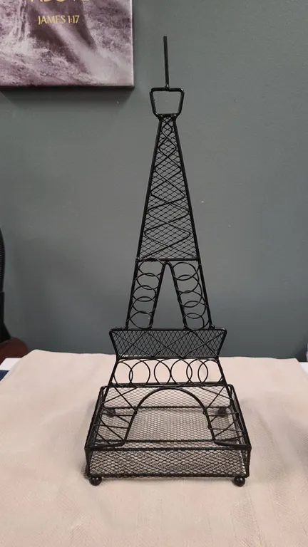 Eiffel Tower Shaped Metal Jewelry Stand for Earrings, Necklaces, and Bracelets with Mesh Storage Tra