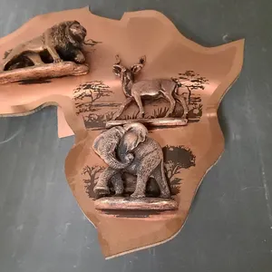 Copper Wall Art Plaque in Africa Continent Shape Featuring Three Animal Figures, Made in Kenya, See