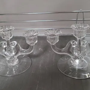 Three-Arm Clear Glass Candle Holders with Decorative Scrollwork and Circular Bases, See Photos for M