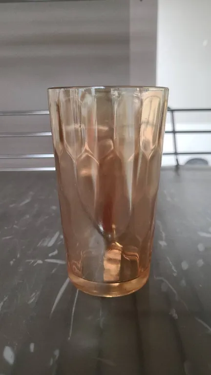 Amber-Colored Pressed Glass Tumbler with Honeycomb Patterned Sides and Cylindrical Shape, Mid-20th C
