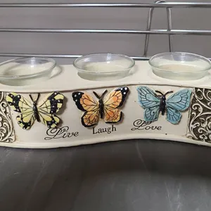 Decorative Ceramic Butterfly-Themed Triple Tealight Candle Holder with Glass Inserts, Live Laugh Lov