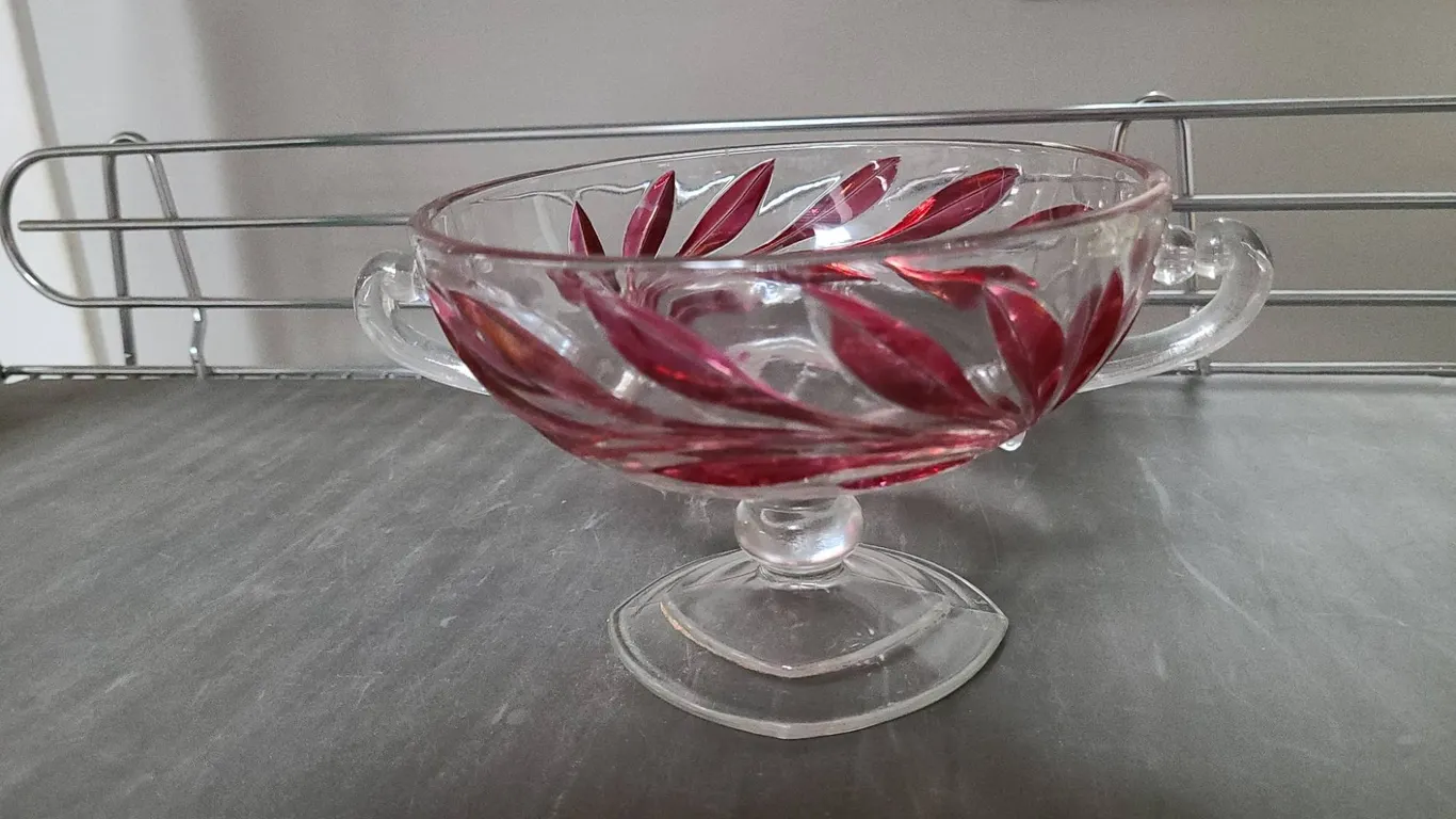 Glass Compote or Sugar Bowl with Etched Red Leaf Motif and Twin Handles on Pedestal Footed Base, Cle