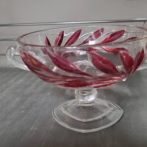 Glass Compote or Sugar Bowl with Etched Red Leaf Motif and Twin Handles on Pedestal Footed Base, Cle