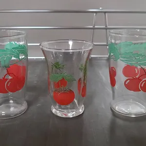 (3) Clear Glass Tumblers with Red Tomato and Green Leaf Motif, Assorted Sizes, Classic Kitchenware
