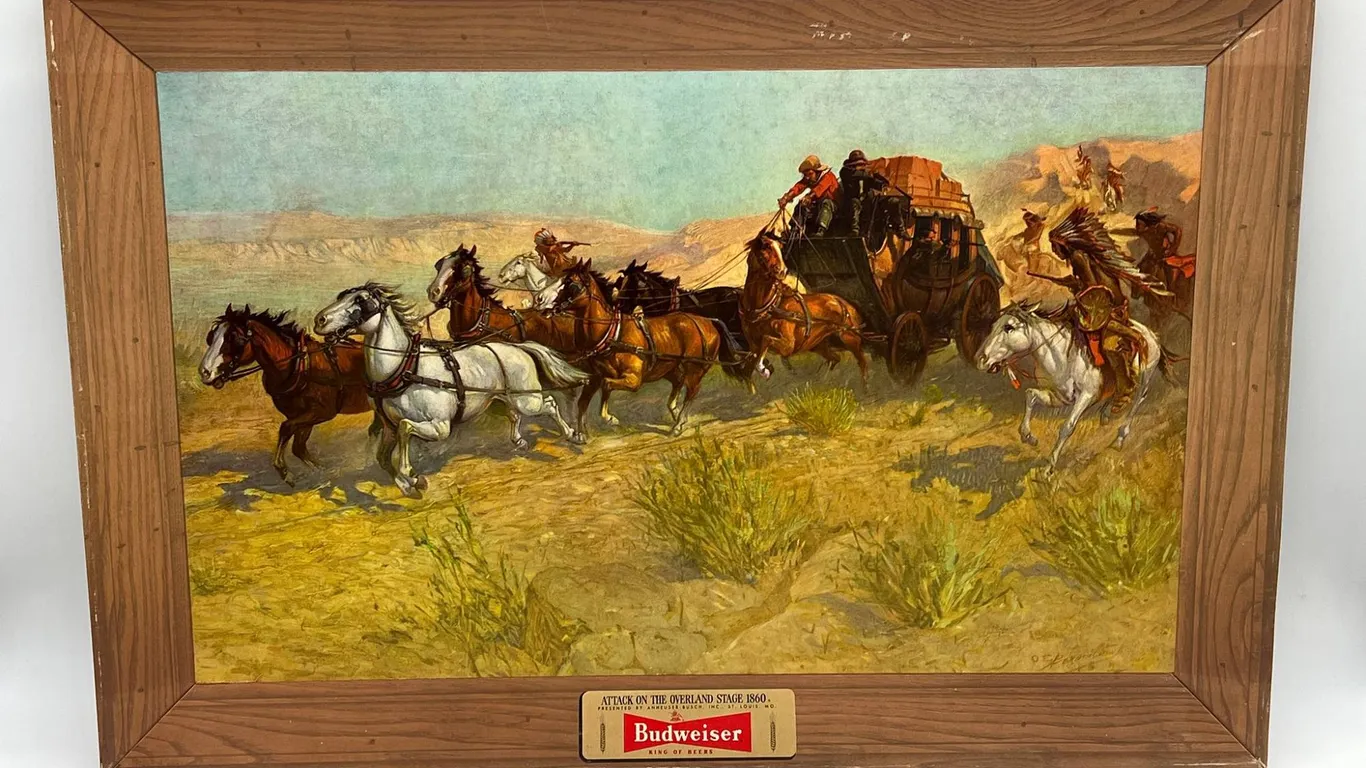 Budweiser "Attack on the Overland Stage 1860" Beer Sign