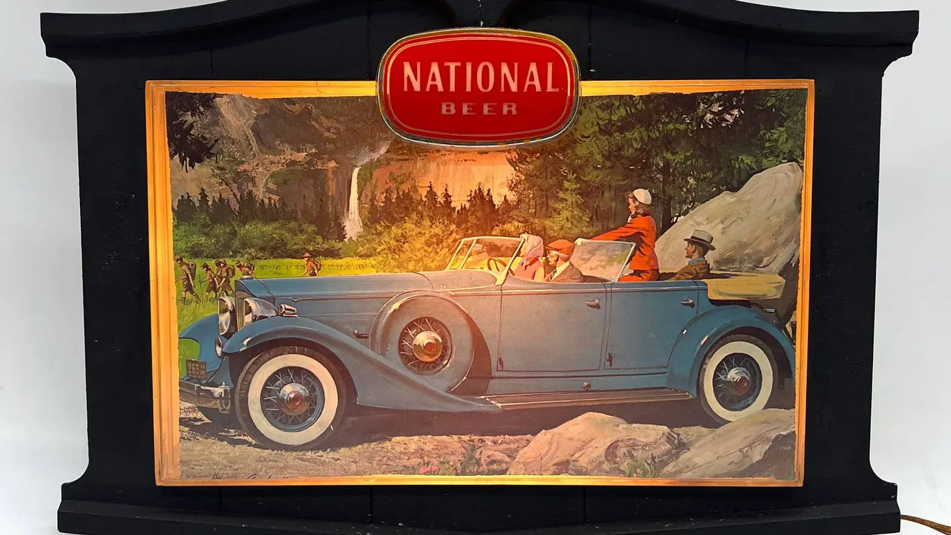 National Beer Lighted Wall Sign with Vintage Car Scene