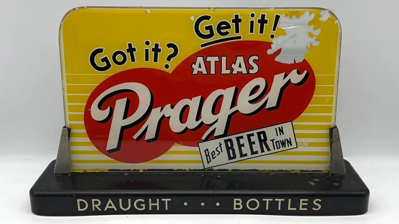 Atlas Prager Reverse Painted Beer Sign