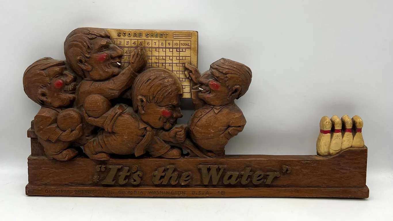Olympia Beer Carved Wood Bowling Sign