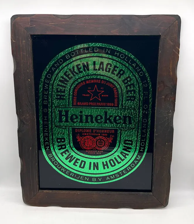 Heineken Lager Beer Mirror in Wood Frame