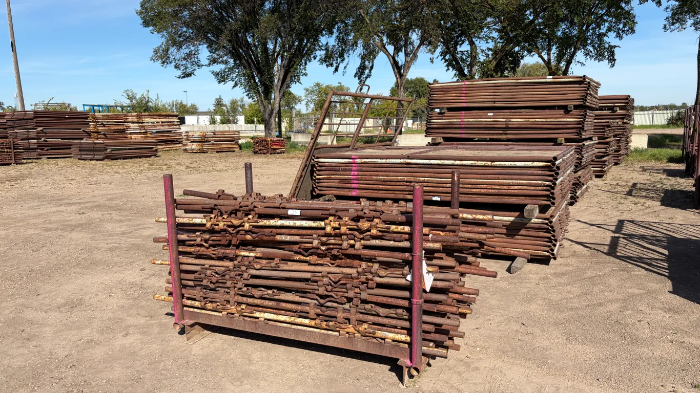 LOT OF APPROX. (130) 9.5' X 7' HORSE BOX STALL PANELS, (60) GATES & CRATE OF POLES