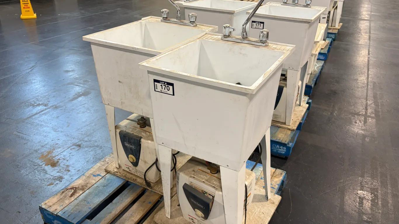 (2) SINGLE-BASIN PLASTIC UTILITY SINK WITH SPACE SAVER HOT WATER TANK AND FAUCETS