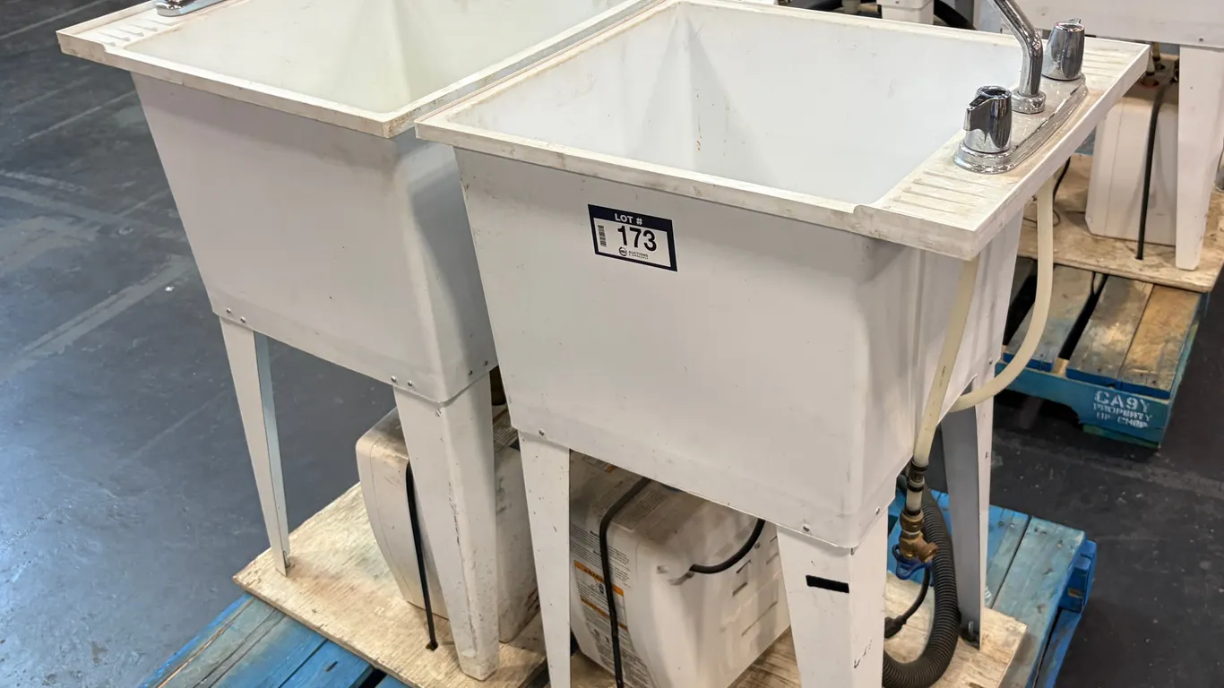 (2) SINGLE-BASIN PLASTIC UTILITY SINK WITH SPACE SAVER HOT WATER TANK AND FAUCETS