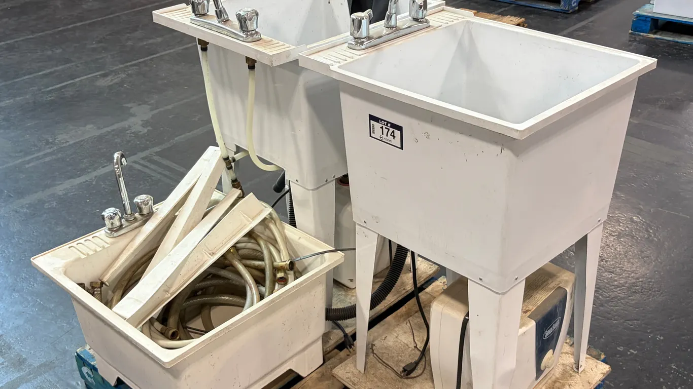 (2) SINGLE-BASIN PLASTIC UTILITY SINK WITH SPACE SAVER HOT WATER TANK, FAUCETS & SINGLE-BASIN PLASTI