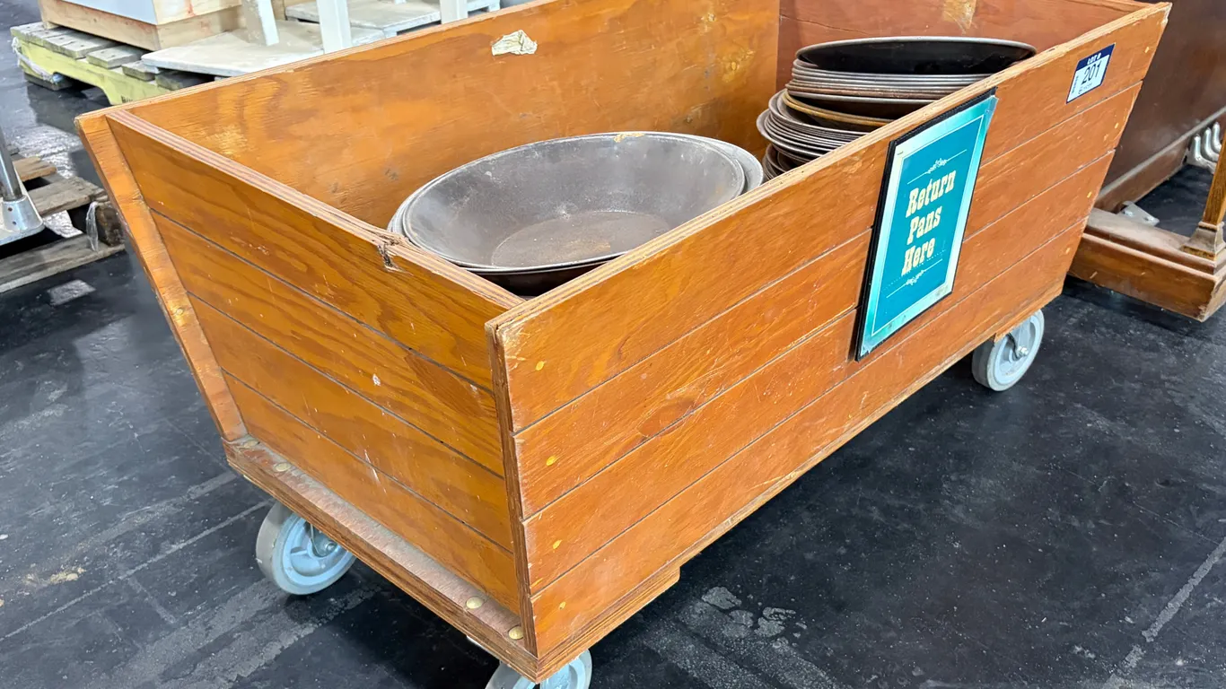 WOODEN MINE CART WITH ASSORTED METAL GOLD PANNING PANS