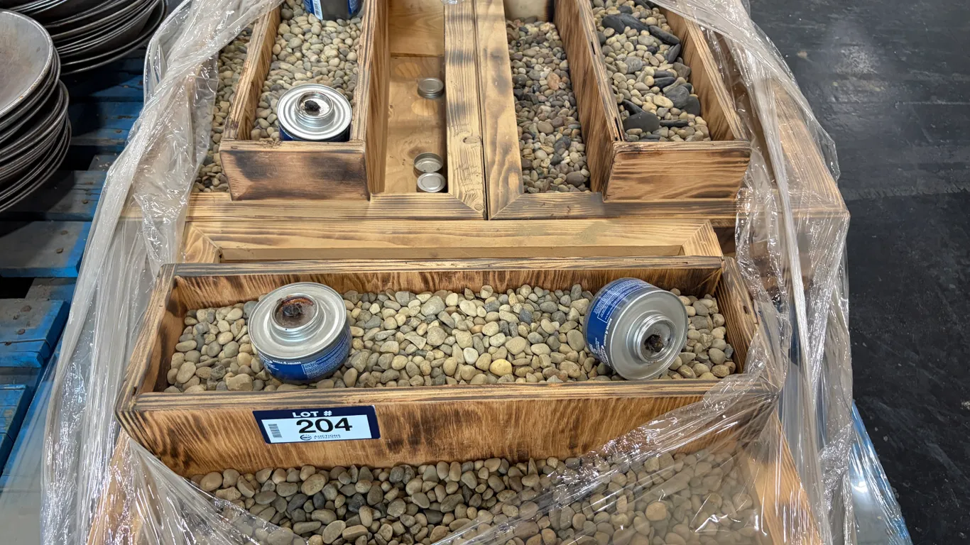 WOODEN TABLETOP FIRE PIT DISPLAYS WITH RIVER ROCK