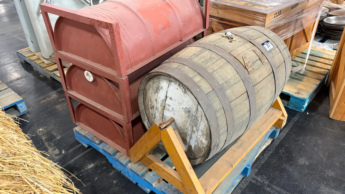 WOODEN BARREL RAFFLE DRUM & (3) METAL TROUGHS
