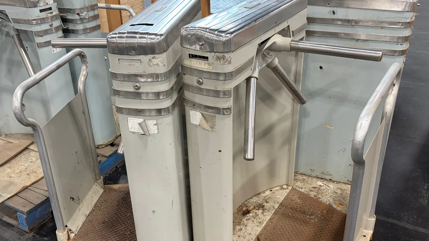 (3) PEREY TRIPOD TURNSTILES FROM EDMONTON GARDENS
