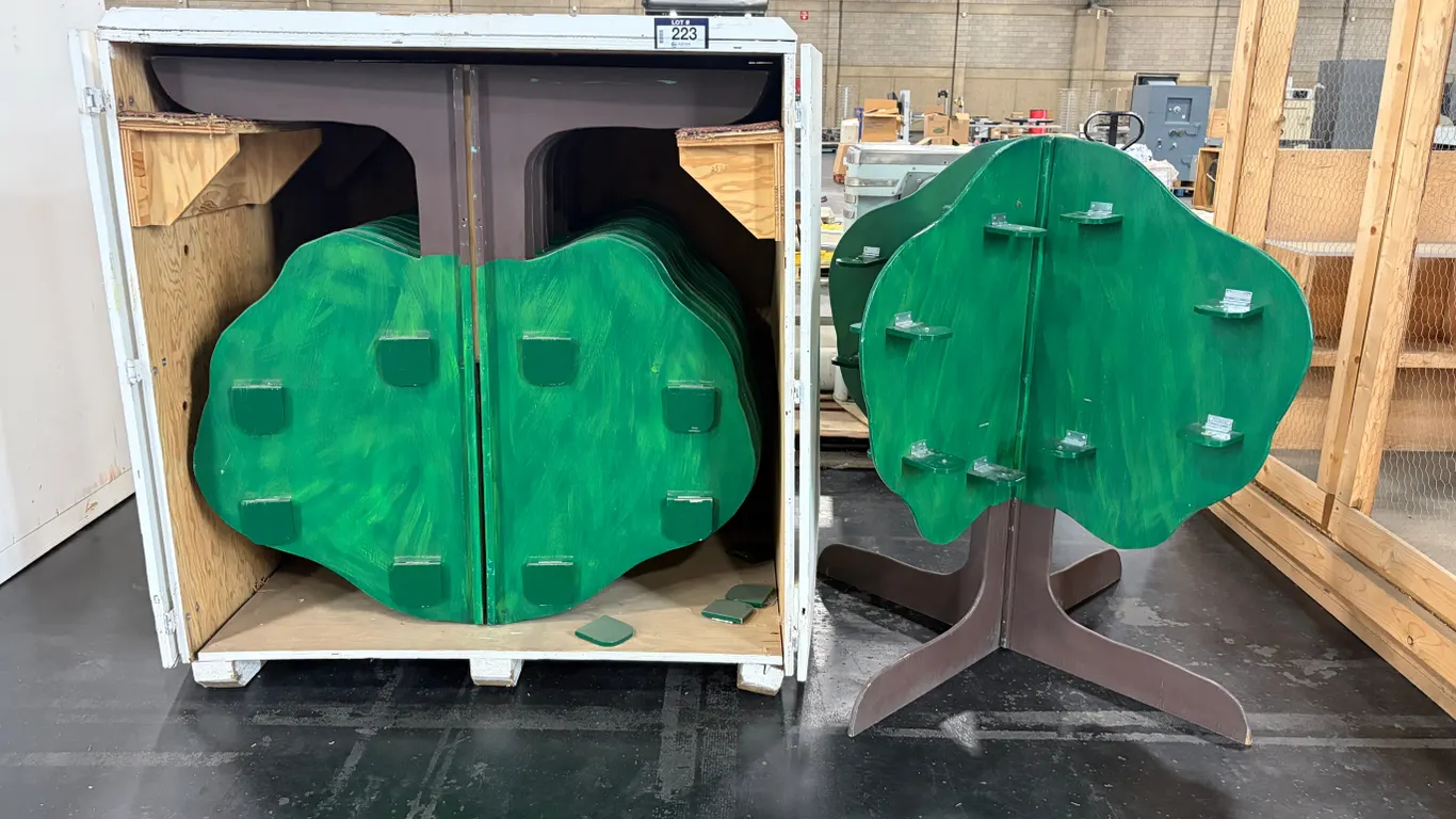 (10) WOODEN TREE-SHAPED AGRICULTURAL/EDUCATIONAL DISPLAY STANDS WITH STORAGE CRATE