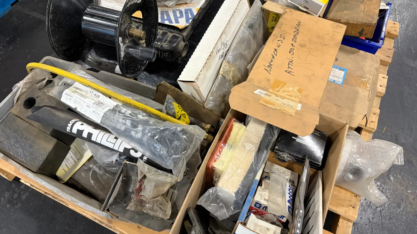 PALLET OF ASSORTED EQUIPMENT PARTS, FILTERS, HOSE REEL & COMPONENTS