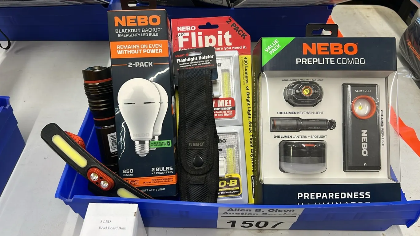 NEW/UNUSED TRAY w/ WALL SWITCH LIGHT, FLASHLIGHT, FLASHLIGHT COMBO SET, HEADLIGHT, BLACK OUT BACK UP BULBS