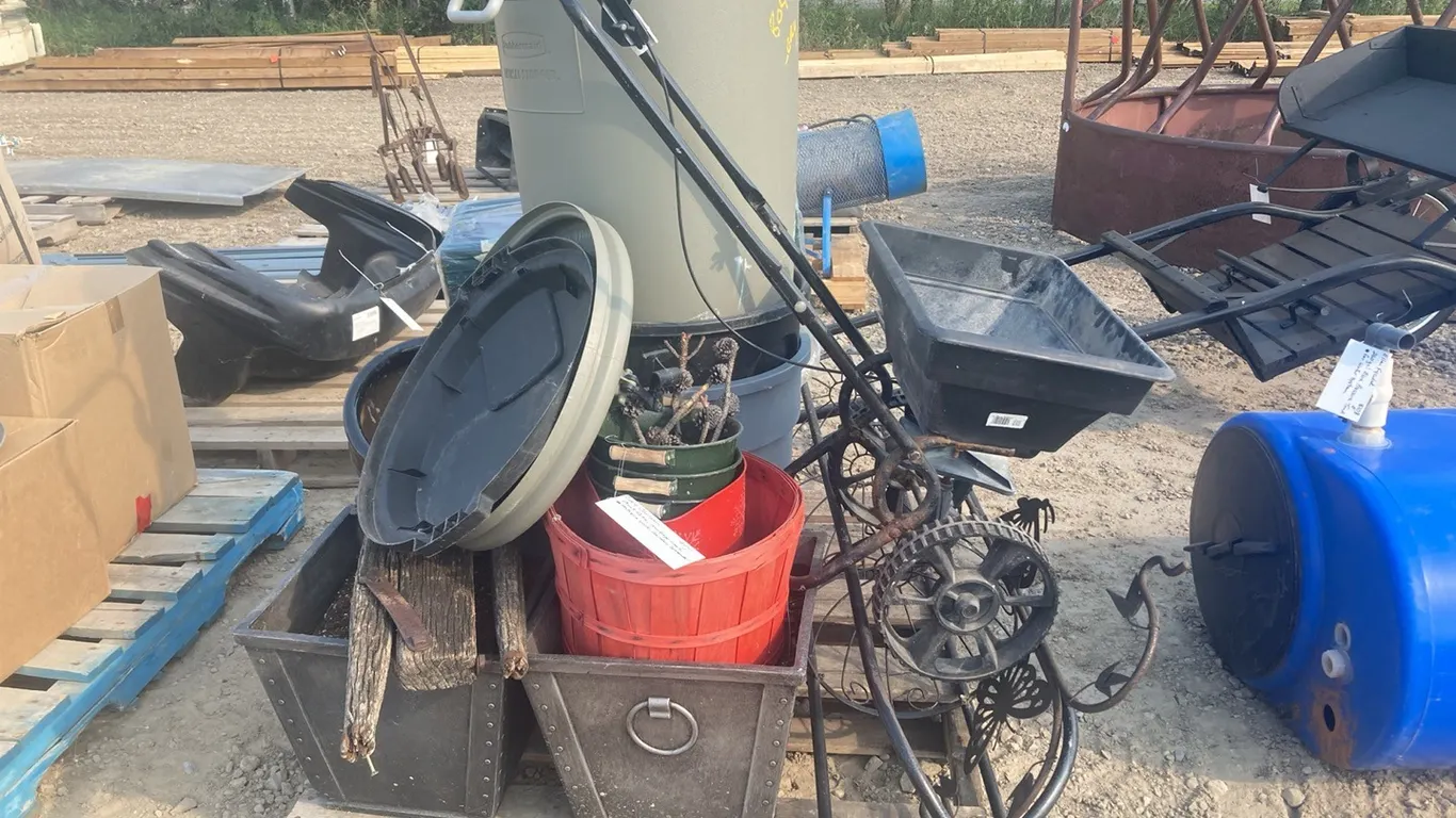 Plat Pots, Garbage Cans, Antique Yolk and Garden Spreader