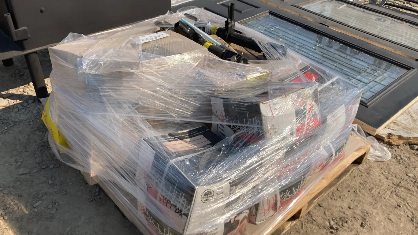 Pallet of New Nails, Hitch Parts and Boxes of Disposable Masks