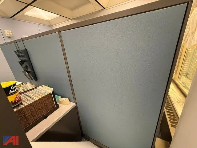 (3) 64" Tall Cubical Walls (1) Brown Wood Wall Cabinet