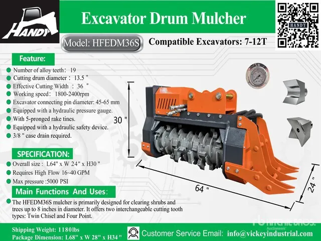 2026 Handy HFEDM36S 36 in Excavator Mulcher - Fits 7 - 12 ton (Unused)