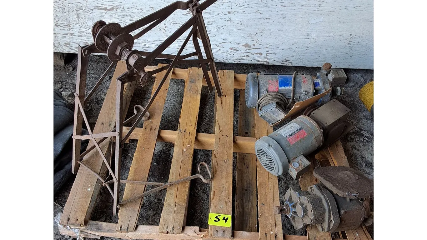 Antique Grindstone Stand, Jacuzzi Pump, Gear Reductions with Motor
